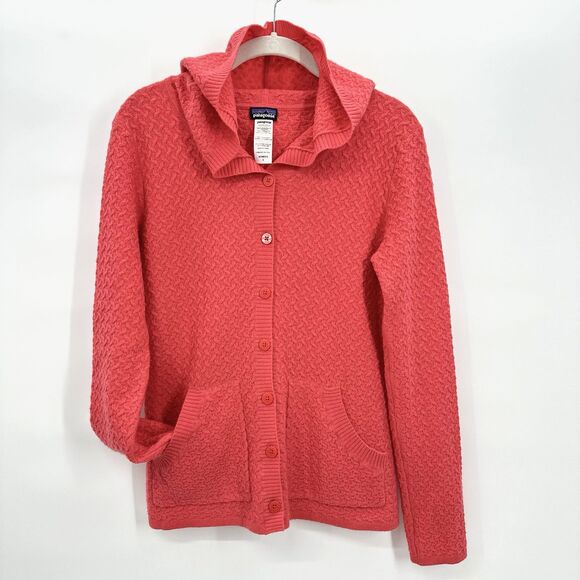 Patagonia Womens Cashmere Wool Sweater Hoodie Button Up Cardigan Sz Small Coral - Picture 2 of 12